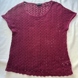 Topshop Cotton Deep Red Burgundy woven short sleeve sweater crew neck